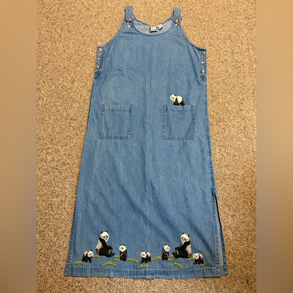 Vtg Denim Jean Dress Women’s XL Y2K Granny Embroidered Panda Pockets Buttons